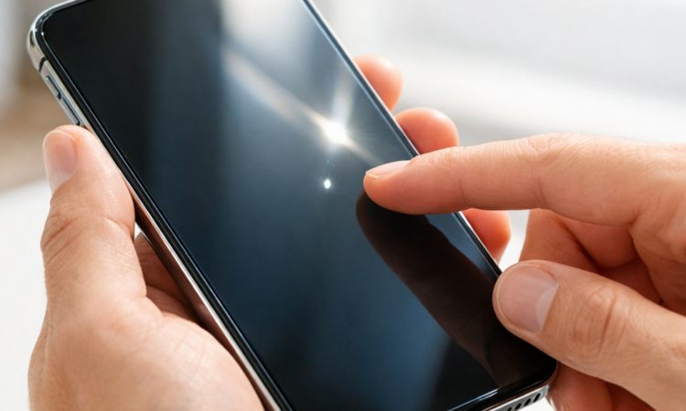 Hands inspecting a used smartphone screen carefully to test condition before purchasing secondhand device