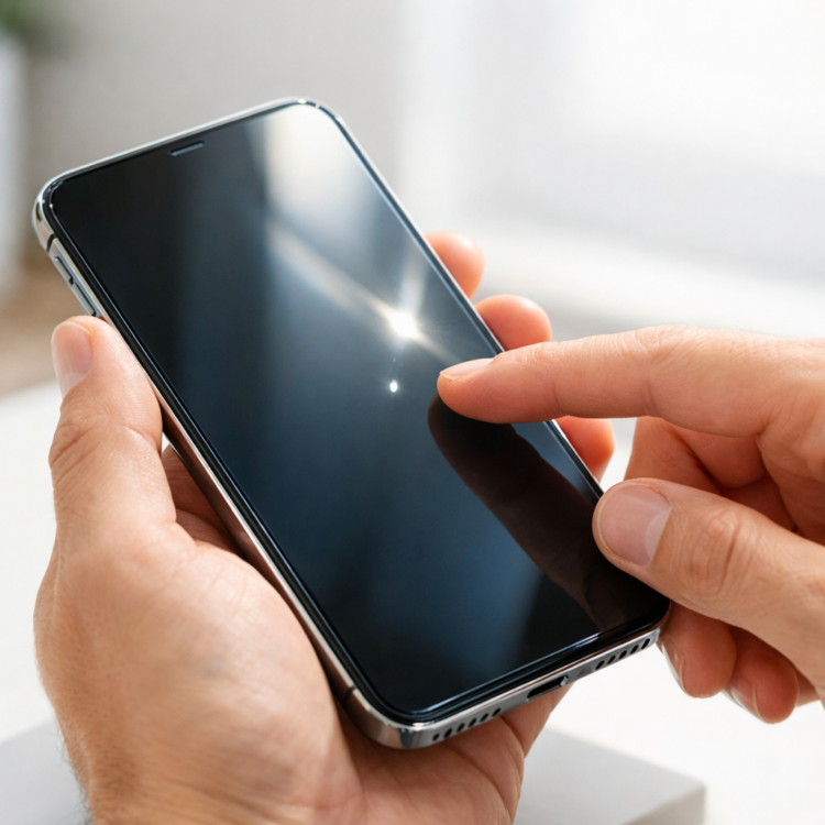 Hands inspecting a used smartphone screen carefully to test condition before purchasing secondhand device