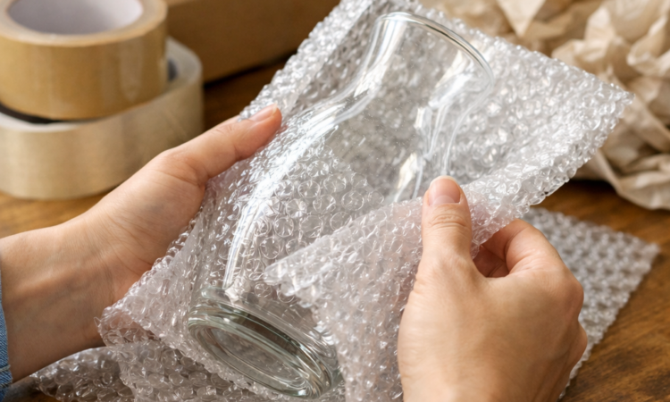 Hands wrapping fragile glassware in bubble wrap demonstrating how to pack fragile items safely