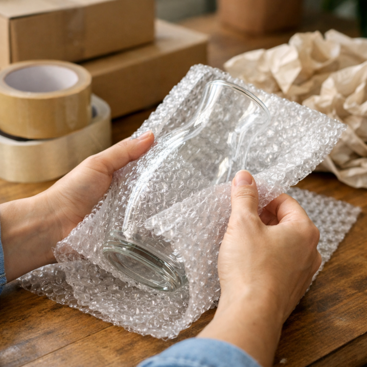 Hands wrapping fragile glassware in bubble wrap demonstrating how to pack fragile items safely