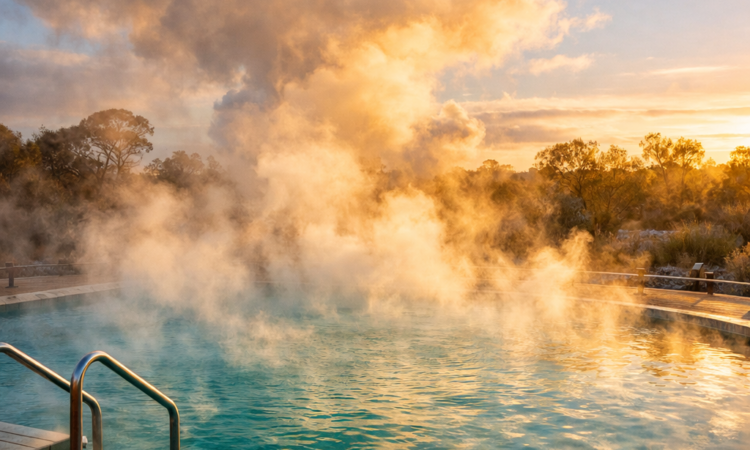 Steaming artesian thermal pool in Moree during winter morning with rising mist and golden light