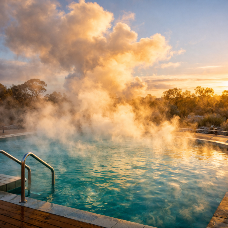 Steaming artesian thermal pool in Moree during winter morning with rising mist and golden light