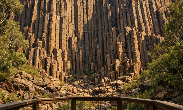 Sawn Rocks Mount Kaputar basalt columns towering above boardwalk viewing platform