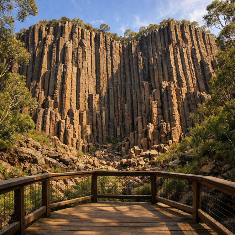 Sawn Rocks Mount Kaputar basalt columns towering above boardwalk viewing platform