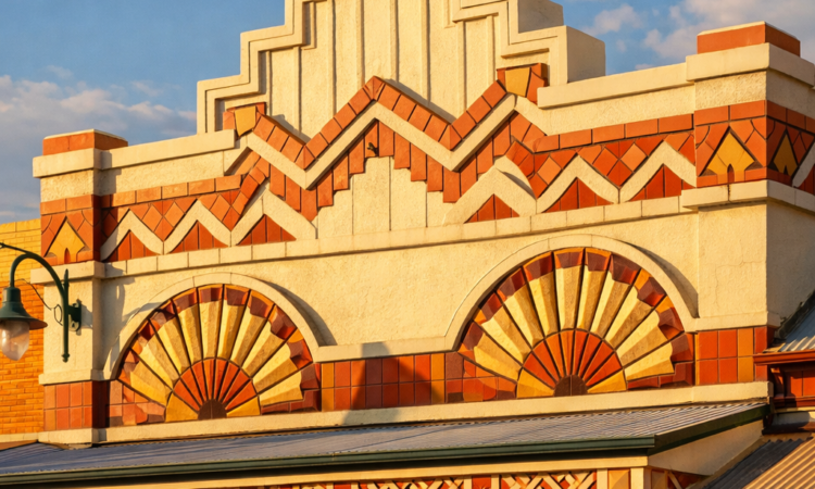 Art Deco building facade on Balo Street Moree showing geometric patterns and decorative details