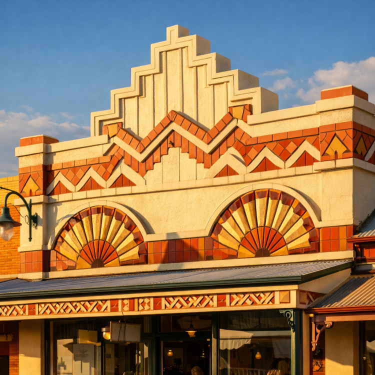 Art Deco building facade on Balo Street Moree showing geometric patterns and decorative details