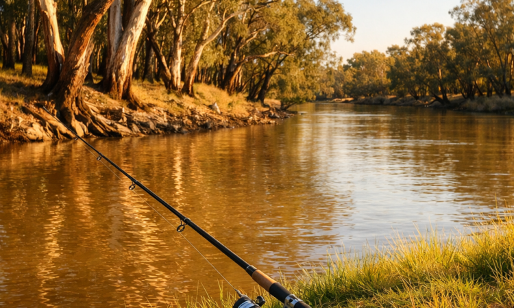 Fishing rod on the grassy bank of the Mehi River near Moree, NSW, with river red gums in background