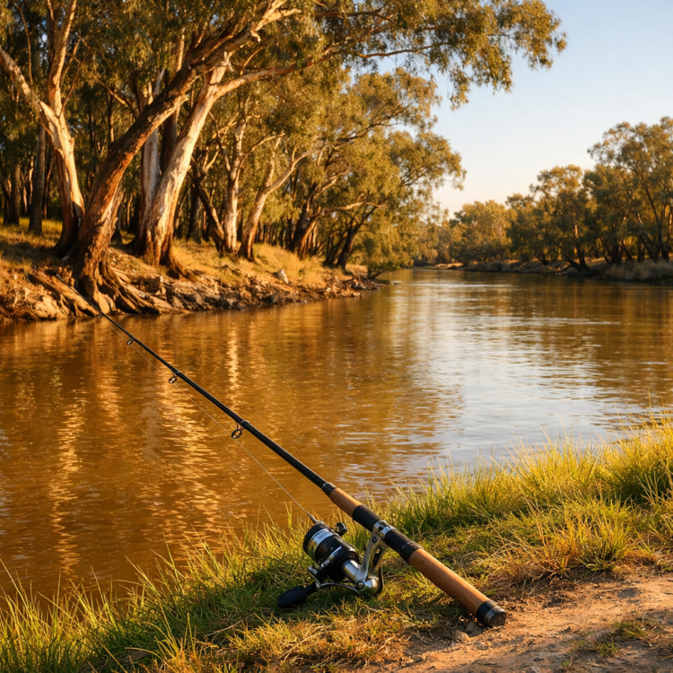 Fishing rod on the grassy bank of the Mehi River near Moree, NSW, with river red gums in background