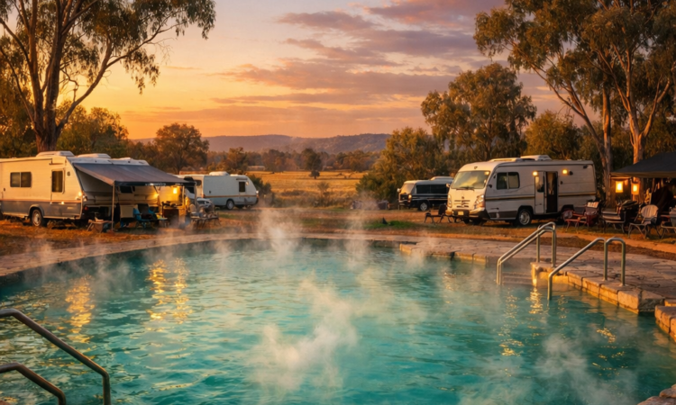 Steaming artesian thermal pool at Moree hot springs caravan park with caravans nearby