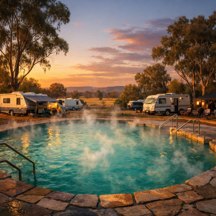 Steaming artesian thermal pool at Moree hot springs caravan park with caravans nearby