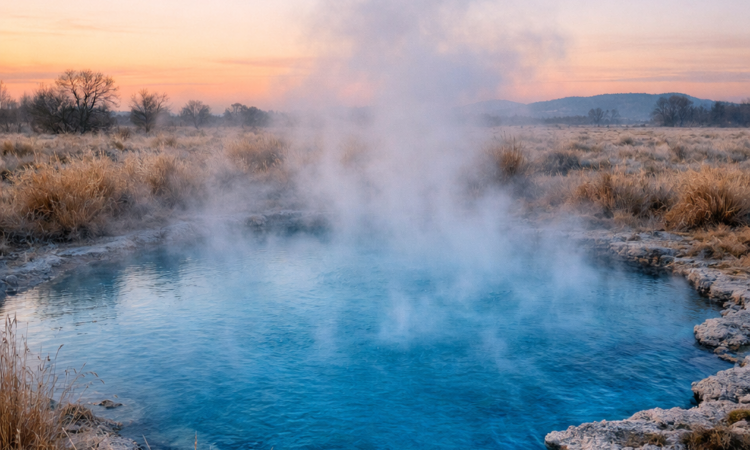 Steaming Moree artesian spa pool in winter with morning mist rising from thermal water