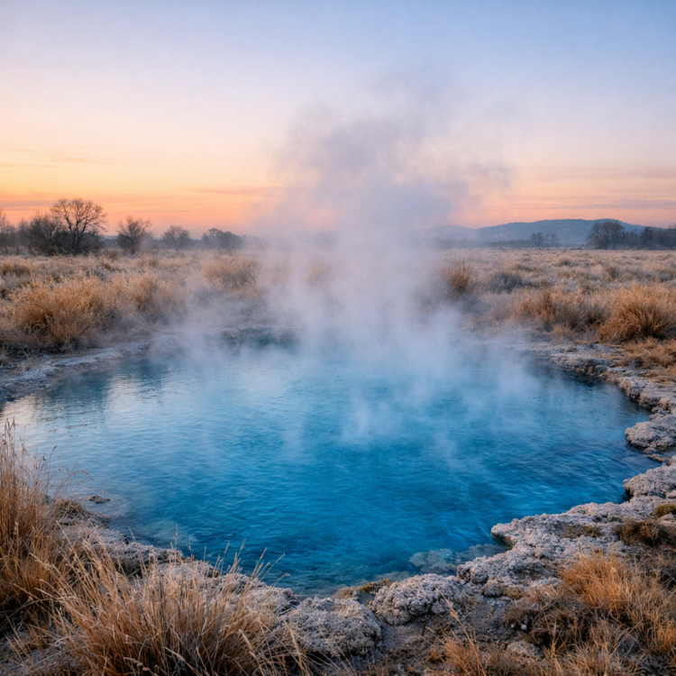 Steaming Moree artesian spa pool in winter with morning mist rising from thermal water