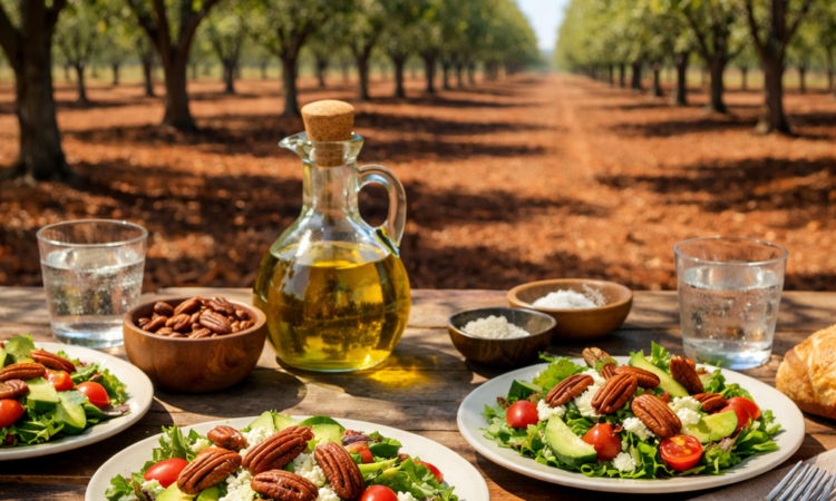 Outdoor country lunch table in Moree pecan orchard with fresh local produce and nuts