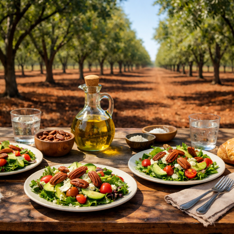Outdoor country lunch table in Moree pecan orchard with fresh local produce and nuts