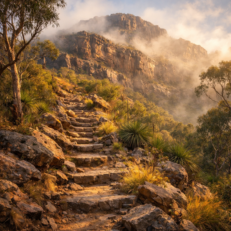 Mount Yulludunida walk trail climbing through woodland to volcanic rim at Mount Kaputar National Park