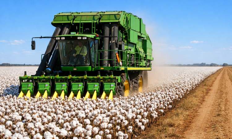 Cotton harvesting machine working in expansive cotton field near Moree NSW