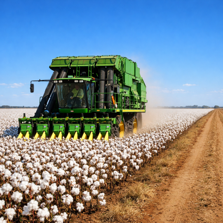 Cotton harvesting machine working in expansive cotton field near Moree NSW