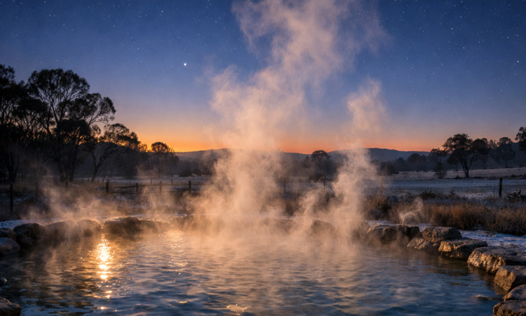 Steaming Moree artesian spa pool in winter with dramatic vapor rising into cold evening air
