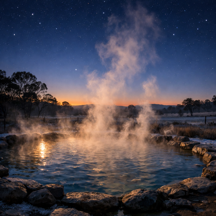 Steaming Moree artesian spa pool in winter with dramatic vapor rising into cold evening air