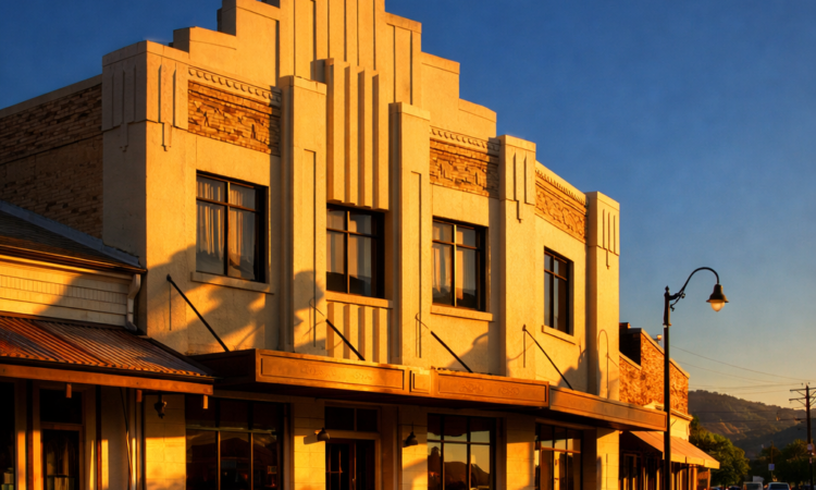 Moree Art Deco architecture facade on Balo Street in golden afternoon light