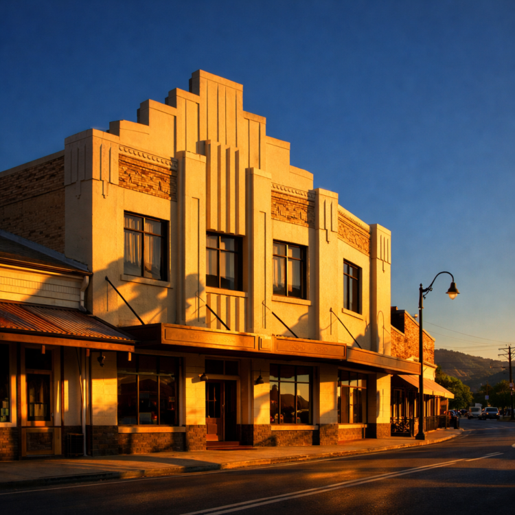 Moree Art Deco architecture facade on Balo Street in golden afternoon light