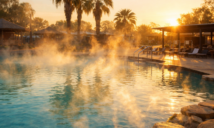 Steaming Moree artesian hot springs pools at dawn with rising thermal vapour