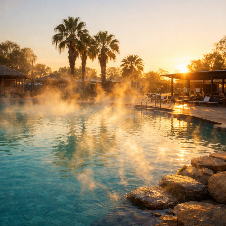 Steaming Moree artesian hot springs pools at dawn with rising thermal vapour