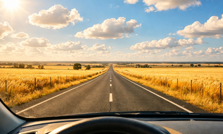 Open highway through golden plains on the drive from Sydney to Moree in northwest NSW