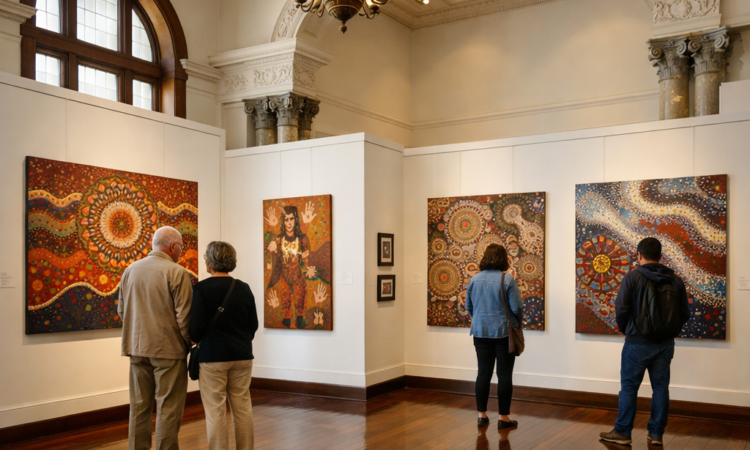 Aboriginal art collection displayed in heritage bank building at BAMM Moree gallery