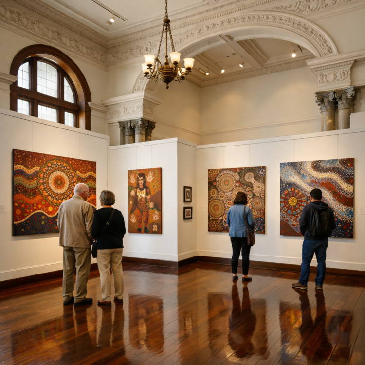 Aboriginal art collection displayed in heritage bank building at BAMM Moree gallery