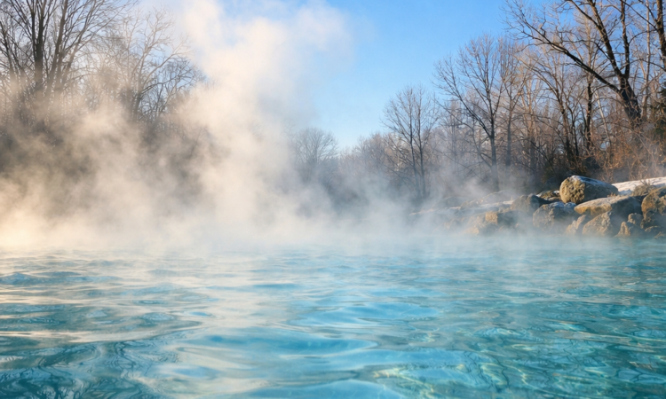 Steaming artesian thermal pool at Moree on a winter morning with mist rising from warm mineral water