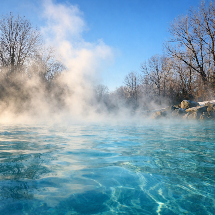 Steaming artesian thermal pool at Moree on a winter morning with mist rising from warm mineral water