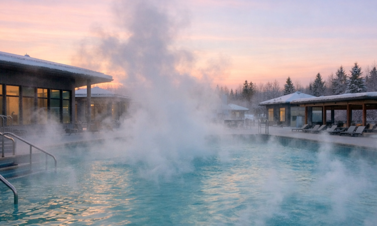 Steaming Moree hot springs thermal pool at dawn with mineral water and rising steam