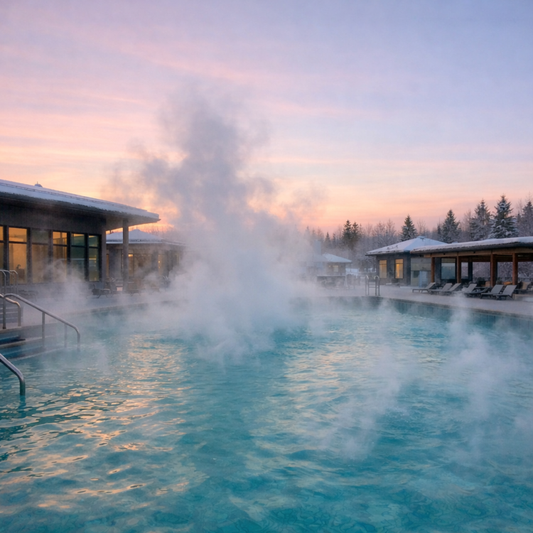 Steaming Moree hot springs thermal pool at dawn with mineral water and rising steam