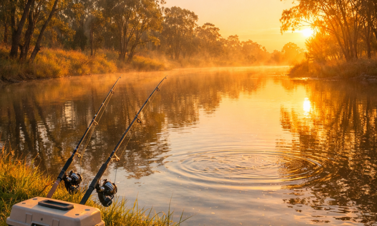 Fishing rods set up on the grassy bank of the Mehi River at sunrise near Moree NSW