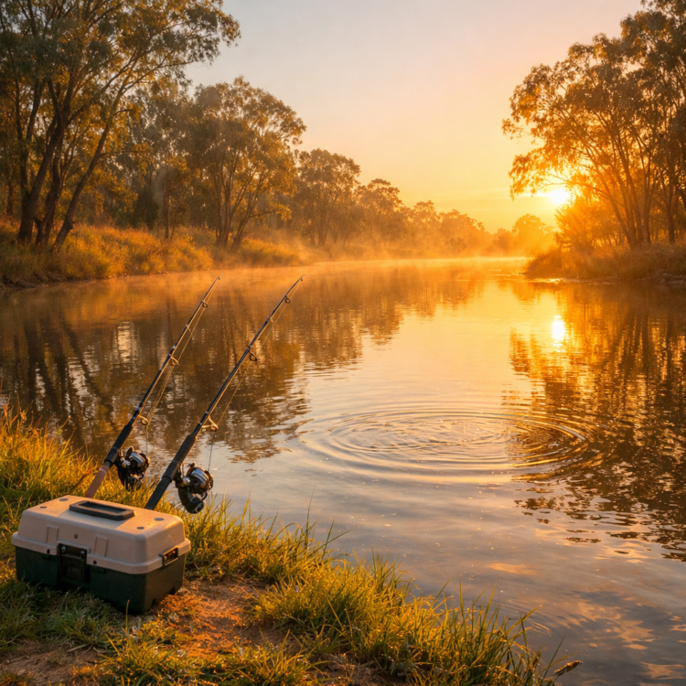 Fishing rods set up on the grassy bank of the Mehi River at sunrise near Moree NSW