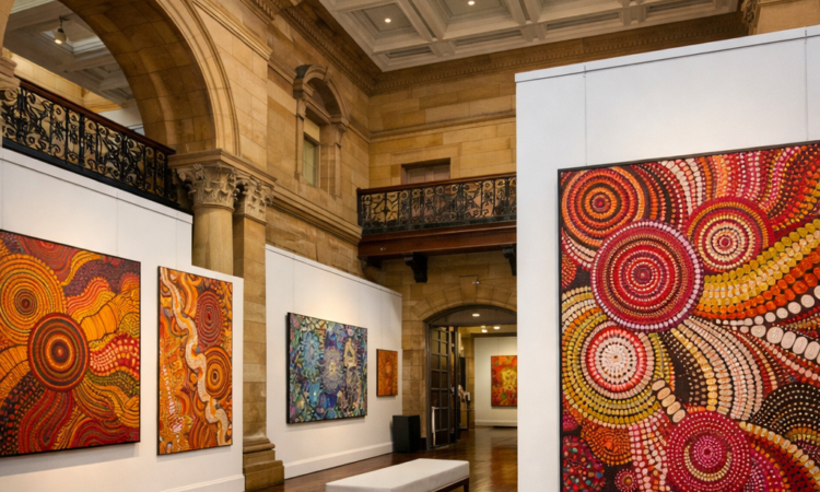 Aboriginal art collection displayed inside heritage Bank Art Museum Moree gallery