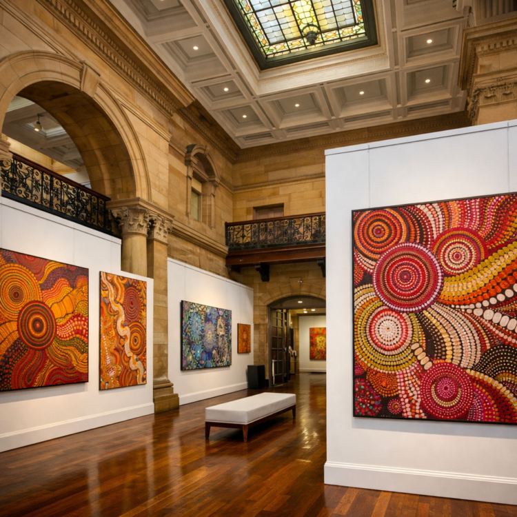 Aboriginal art collection displayed inside heritage Bank Art Museum Moree gallery