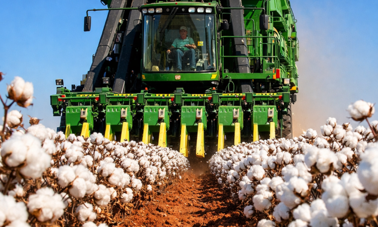Cotton harvesting machine picking white cotton bolls in fields near Moree, Gwydir Valley