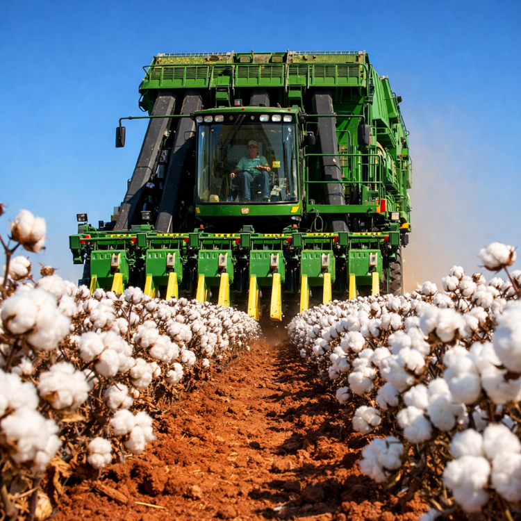 Cotton harvesting machine picking white cotton bolls in fields near Moree, Gwydir Valley