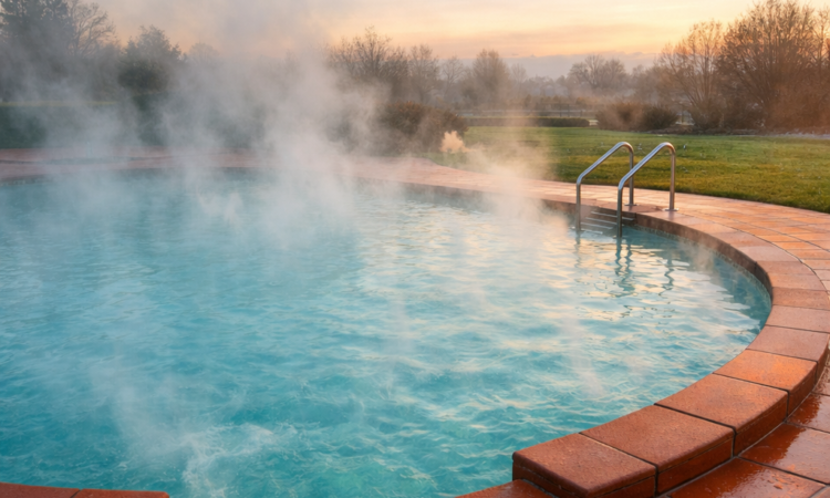 Steaming artesian thermal pool at Moree in winter morning with rising vapor