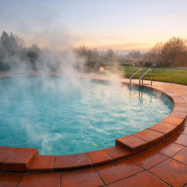 Steaming artesian thermal pool at Moree in winter morning with rising vapor