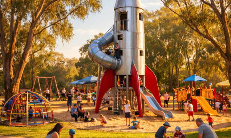 Rocket Park Moree playground with large model rocket and families playing under eucalyptus trees