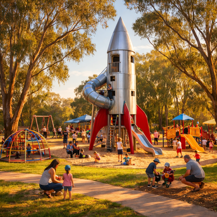 Rocket Park Moree playground with large model rocket and families playing under eucalyptus trees