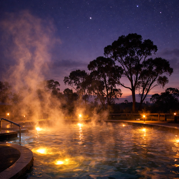 Moree Artesian Aquatic Centre hot springs at dusk with steam rising into twilight sky