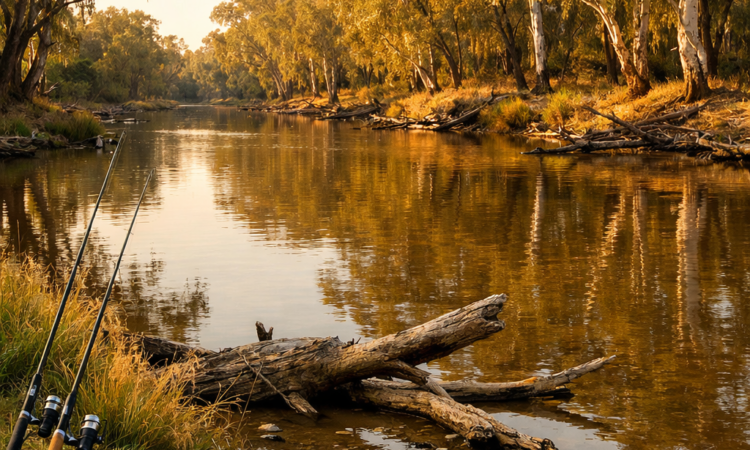 Mehi River fishing spot near Moree with calm water and shaded banks