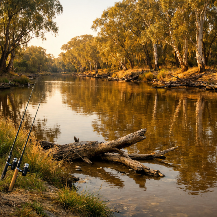 Mehi River fishing spot near Moree with calm water and shaded banks