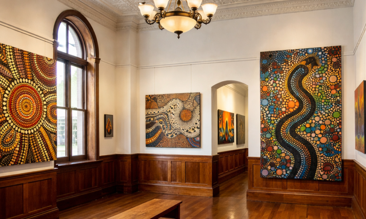 Aboriginal art displayed in heritage Bank Art Museum Moree gallery with historic bank interior