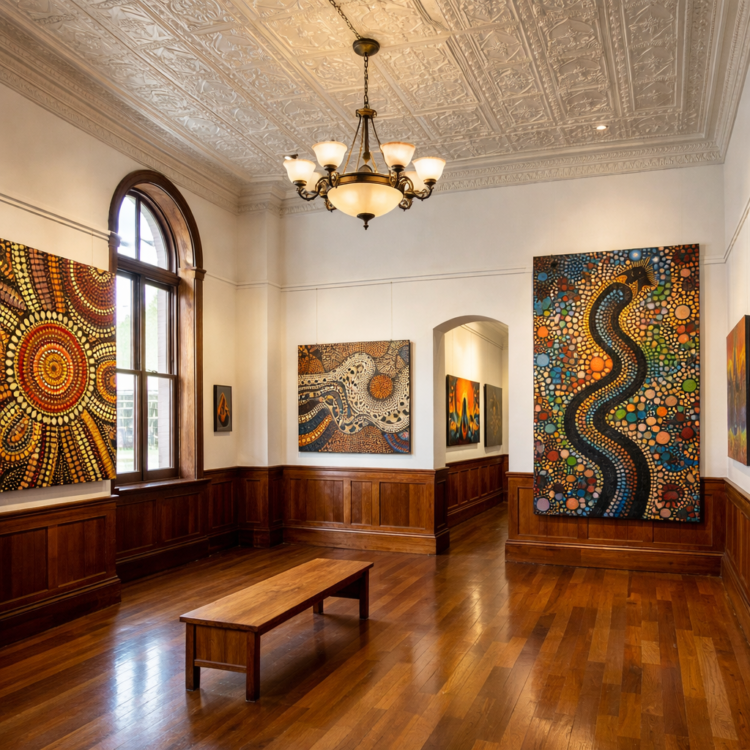 Aboriginal art displayed in heritage Bank Art Museum Moree gallery with historic bank interior