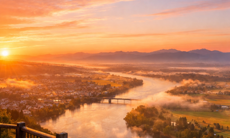 Golden sunrise over Peel River Valley and Tamworth from Oxley Lookout viewpoint